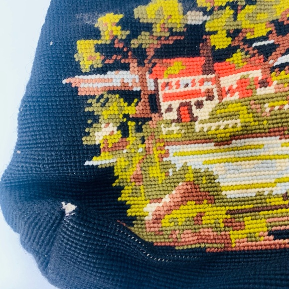 VTG NEEDLEPOINT DOUBLE SIDED  PURSE BAG HOUSE TREES Lak - Picture 4 of 6